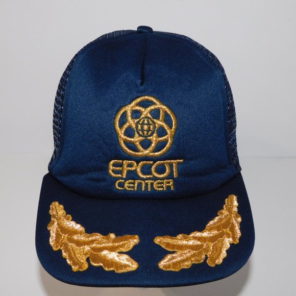 Vintage 80s Disney EPCOT Blue Gold Embroidered Snap back Trucker Hat Cap - Picture 2 of 7